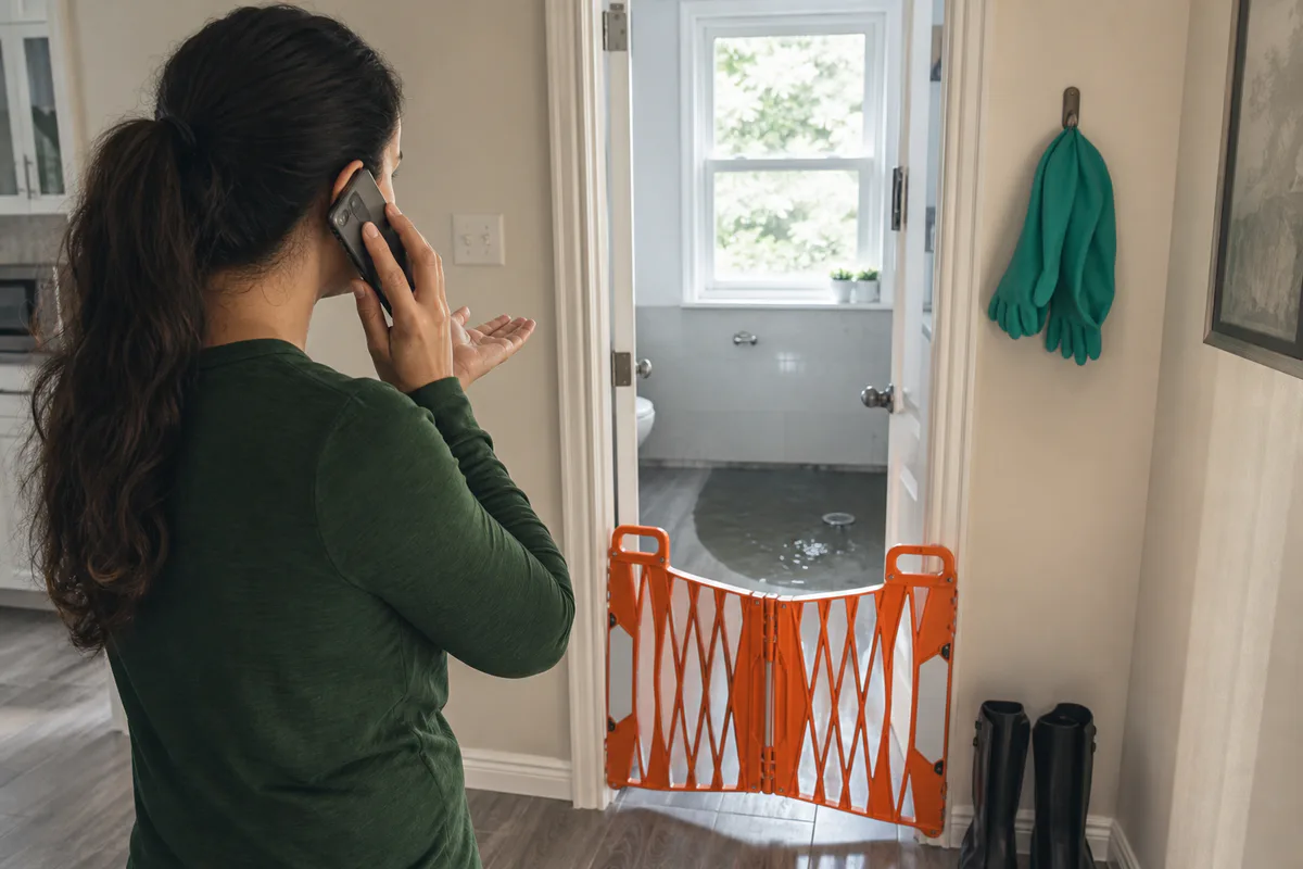 Homeowner calling for help while keeping away from a bathroom drain backup