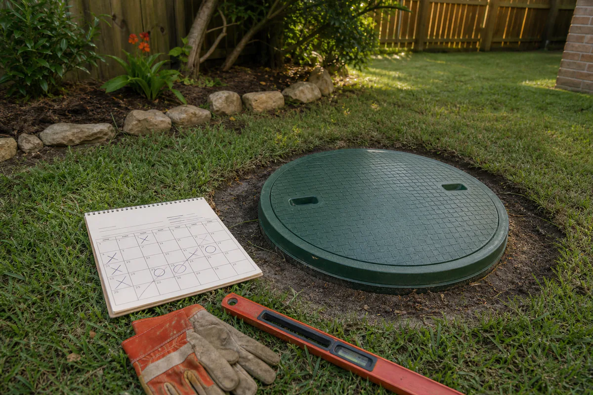 Closed septic riser beside a maintenance calendar in a Texas backyard