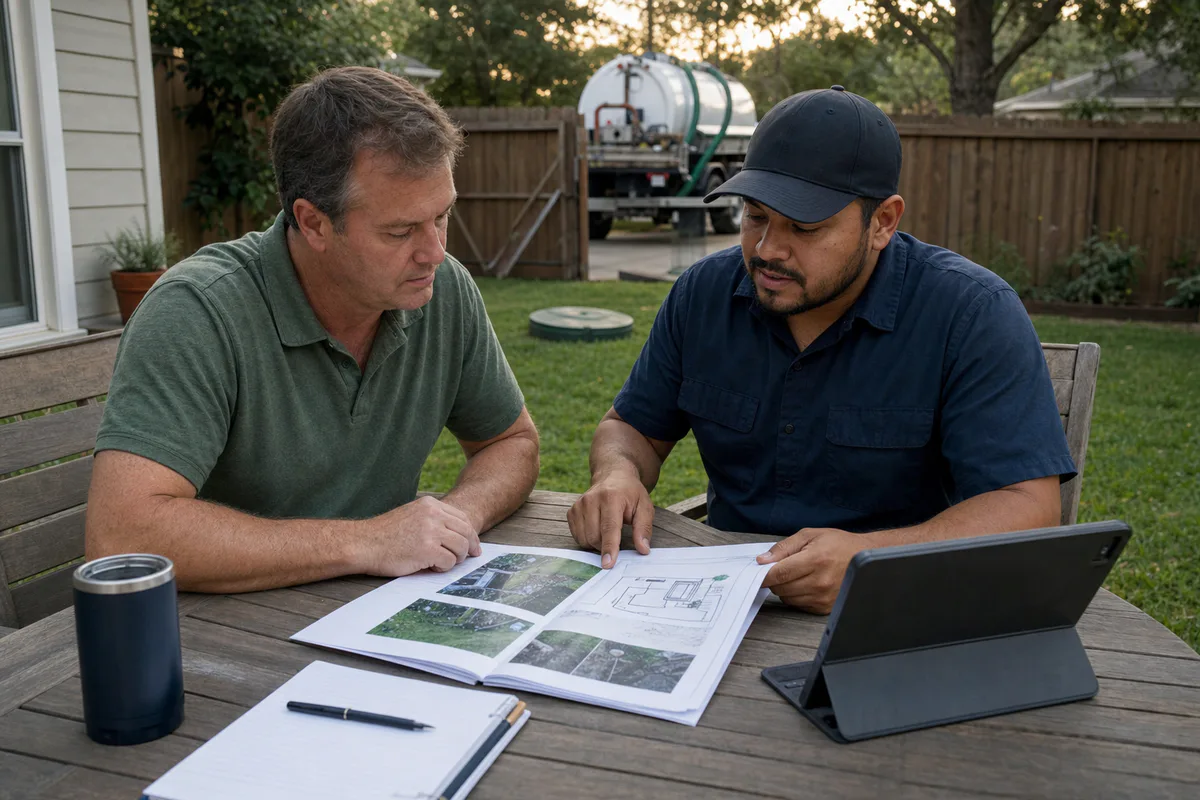 Houston homeowner reviewing a septic inspection report with a technician
