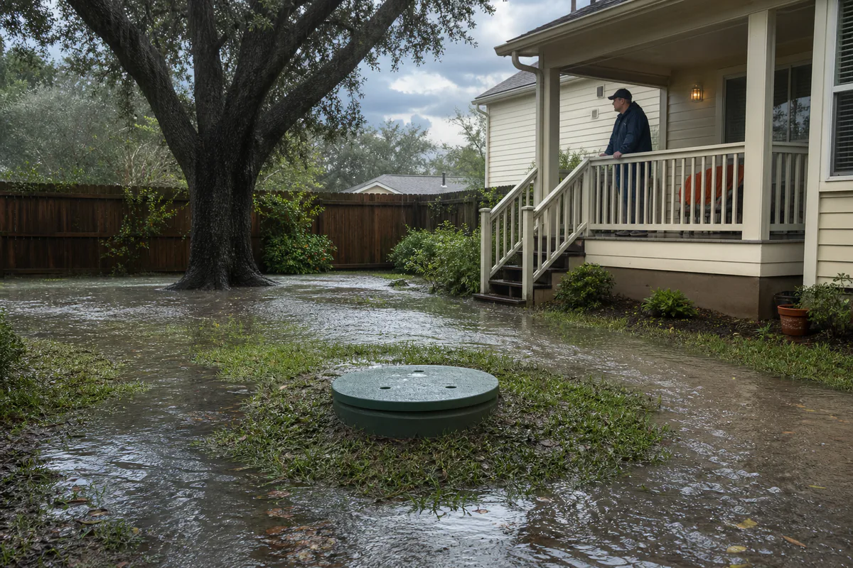 Closed septic riser surrounded by receding stormwater in a Houston backyard