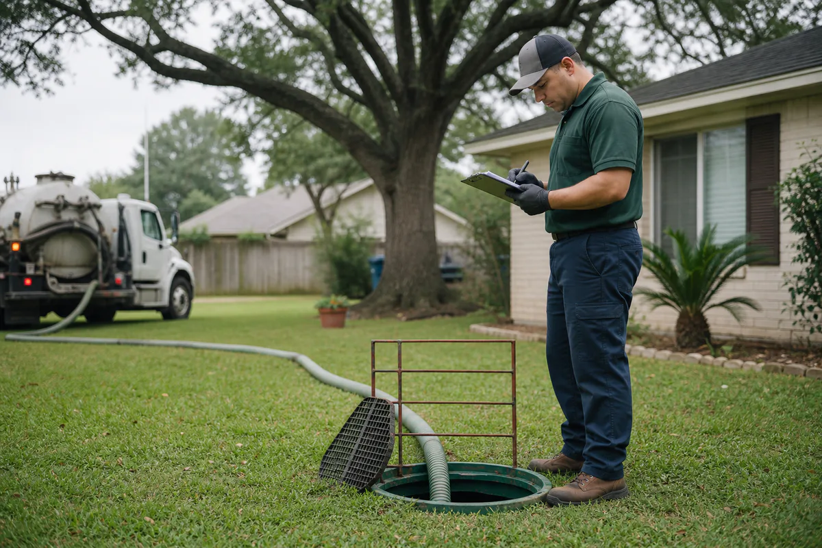 Septic technician reviewing pumping work beside a Houston home
