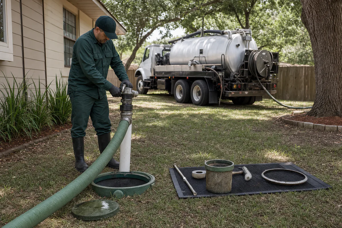 Septic technician pumping a tank with filter-cleaning tools nearby