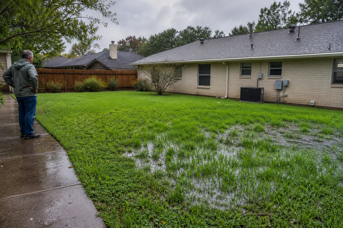 Houston homeowner observing an unusually wet drainfield after rain