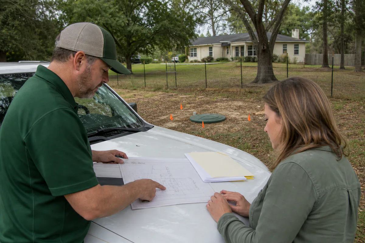 Homeowner and septic site evaluator reviewing a property plan in Texas